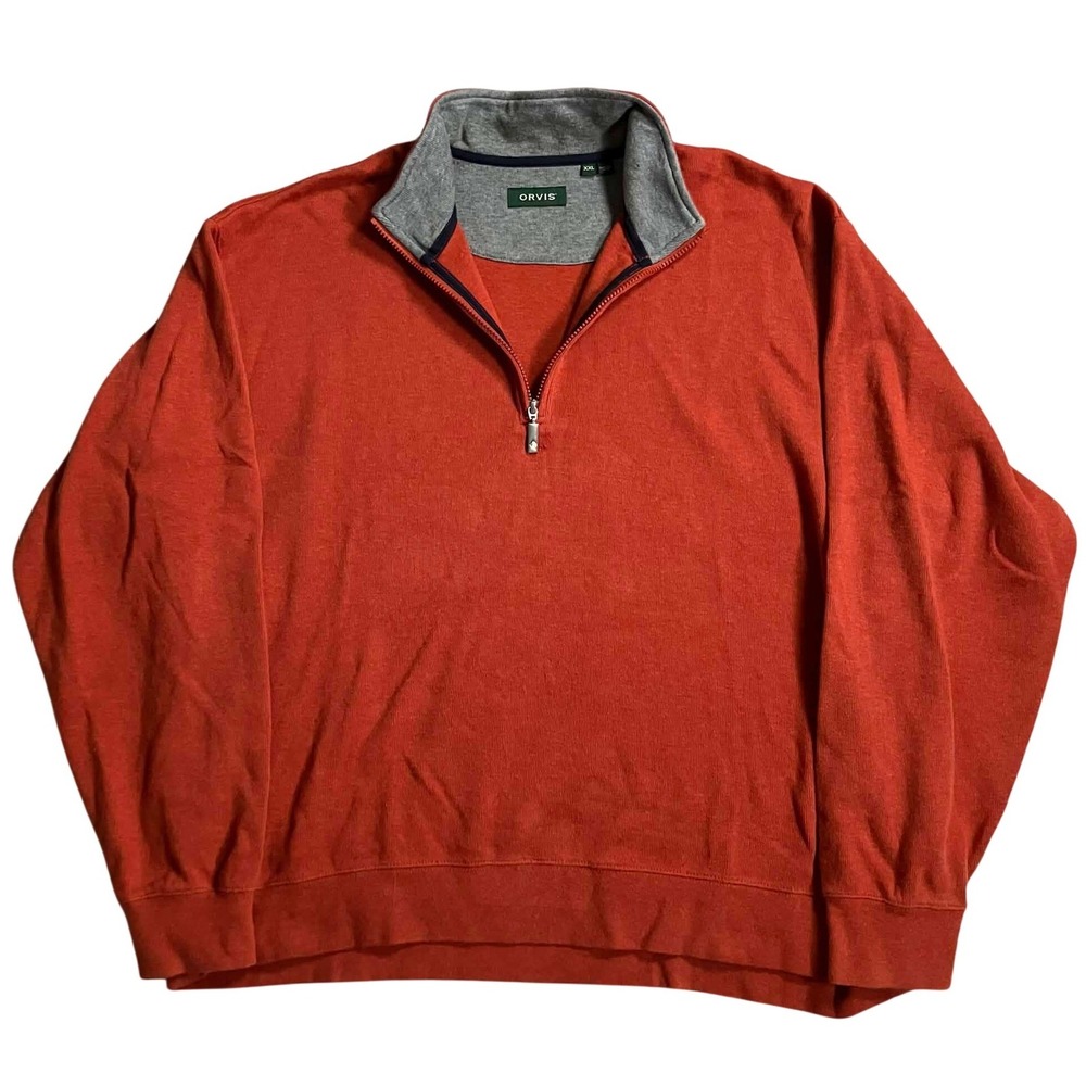 Orvis Mens Sweater 2XL Orange Long Sleeve Classic 1/4 Zip Cotton XXL Hunting